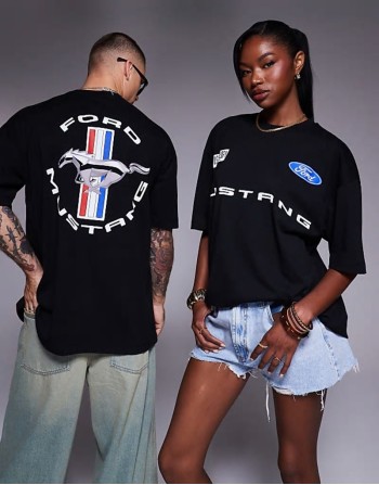 unisex boxy oversized license t-shirt with Ford Mustang prints in black