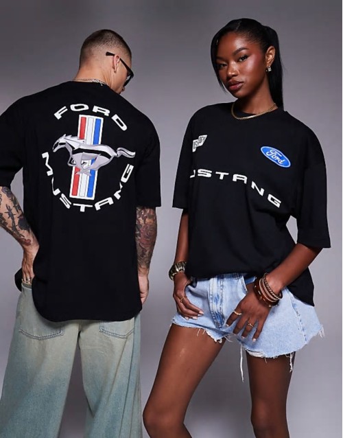 unisex boxy oversized license t-shirt with Ford Mustang prints in black