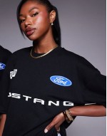 unisex boxy oversized license t-shirt with Ford Mustang prints in black