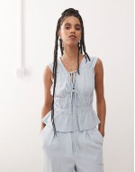 ruched tie front linen blend top in power blue