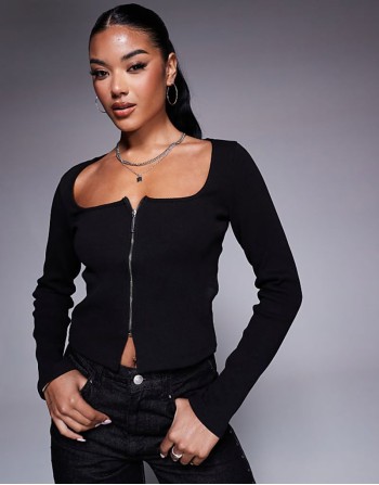 ribbed long sve zip front square neck top in black