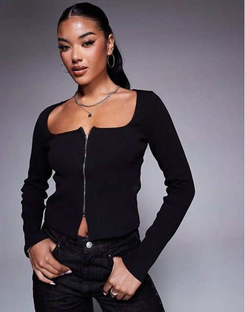 ribbed long sve zip front square neck top in black
