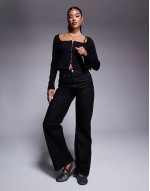 ribbed long sve zip front square neck top in black