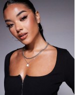 ribbed long sve zip front square neck top in black