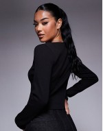 ribbed long sve zip front square neck top in black