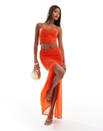 co-ord mesh ruched cami & ruched skirt in tangerine