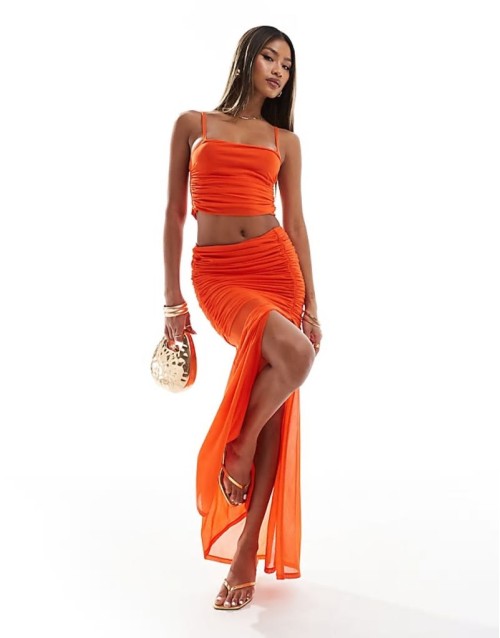 co-ord mesh ruched cami & ruched skirt in tangerine