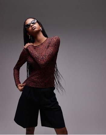 mesh long sve top in leopard print
