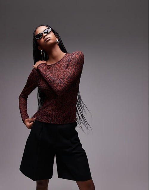 mesh long sve top in leopard print
