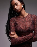mesh long sve top in leopard print