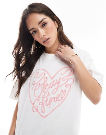Cotton On premium boxy tee with okay fine graphic in white and pink