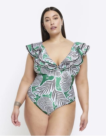 tropical print frill swimsuit in green