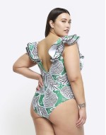 tropical print frill swimsuit in green