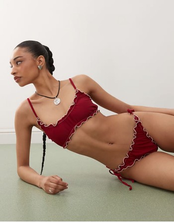 frilly bikini set with contrast trims in burgundy