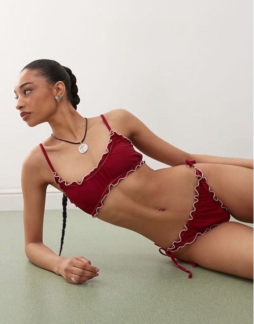 frilly bikini set with contrast trims in burgundy