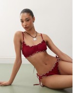 frilly bikini set with contrast trims in burgundy