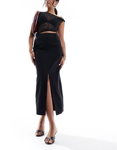 formal split front midi skirt in black