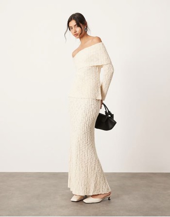 knitted  layered long sve top and maxi skirt co-ord in cre