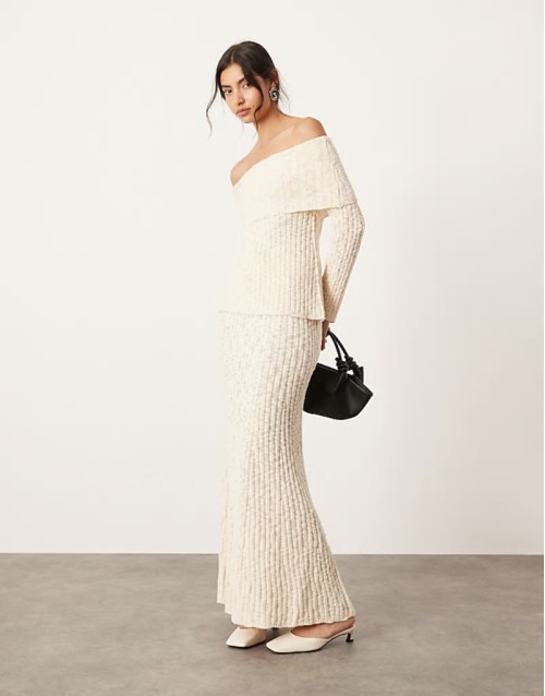 knitted  layered long sve top and maxi skirt co-ord in cre