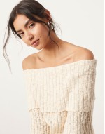 knitted  layered long sve top and maxi skirt co-ord in cre