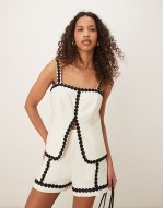 tailored square neck top with rik rak trim & shorts co-ord in white