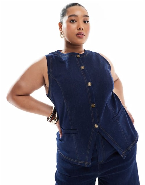 exclusive button front waistcoat & jorts co-ord in dark wash denim