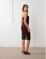 mesh overlay midi bandeau dress in black & red