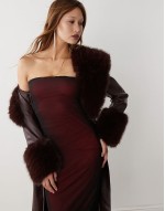 mesh overlay midi bandeau dress in black & red