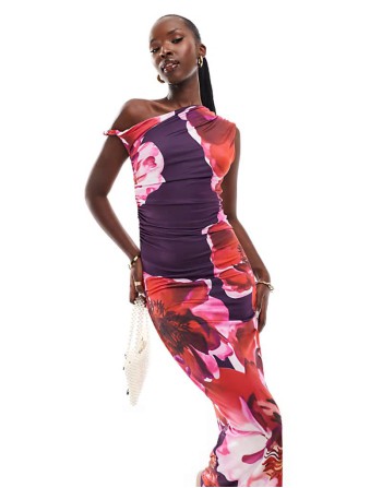 exclusive slinky twist off shoulder maxi dress in purple flower print