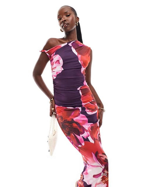 exclusive slinky twist off shoulder maxi dress in purple flower print
