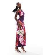 exclusive slinky twist off shoulder maxi dress in purple flower print