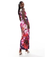 exclusive slinky twist off shoulder maxi dress in purple flower print