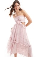 halter neck high low ruffle midaxi dress in pink