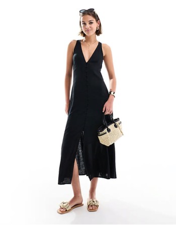 button down midi dress with full skirt in black