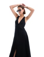 button down midi dress with full skirt in black