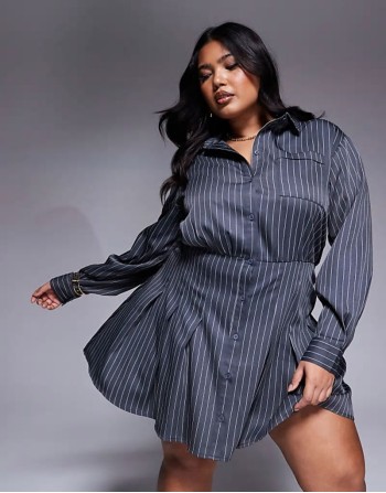 x Natalya Wright exclusive tailored pleated mini shirt dress in charcoal pinstripe