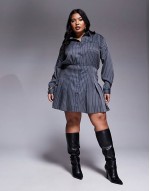 x Natalya Wright exclusive tailored pleated mini shirt dress in charcoal pinstripe