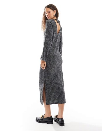 ribbed back detail knitted maxi dress in grey marl