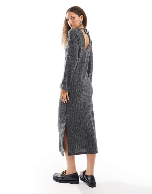ribbed back detail knitted maxi dress in grey marl