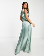 Bridesmaid satin v neck maxi dress with train in green