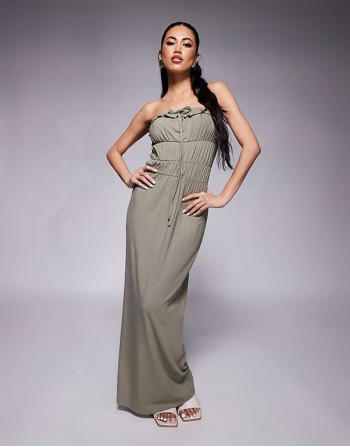 bandeau ruffle tiered waist maxi dress in khaki