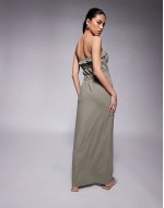 bandeau ruffle tiered waist maxi dress in khaki