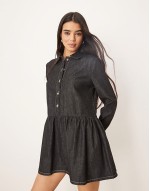 denim smock mini dress with dropped waist in black