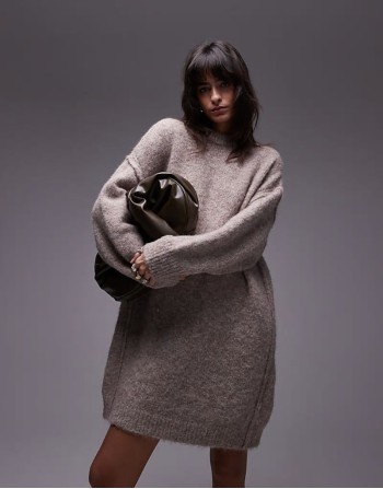 knitted oversized crew mini dress with exposed seam detail in oat