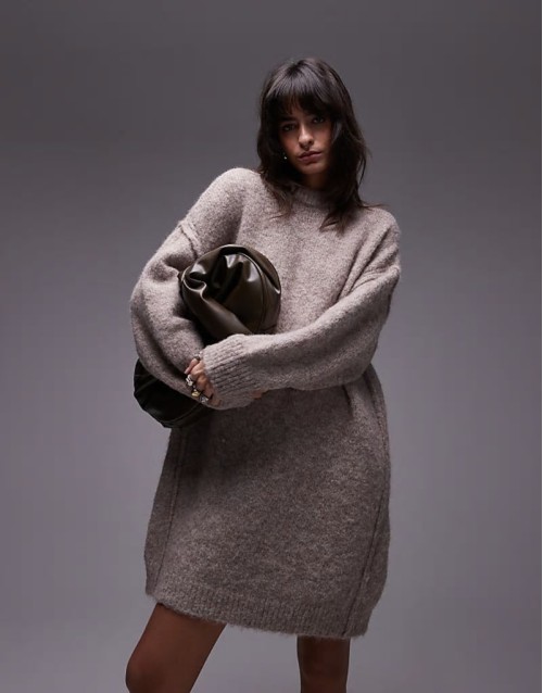 knitted oversized crew mini dress with exposed seam detail in oat