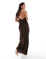 cowl drape tuck detail maxi dress in chocolate
