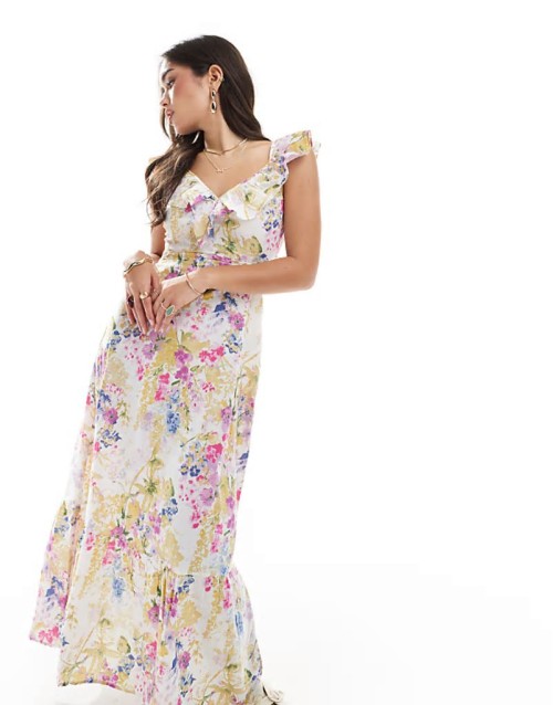 ruffle detail maxi dress in floral multi