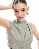 cowl neck mini dress with gathered waist detail in neutral stripe
