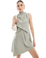 cowl neck mini dress with gathered waist detail in neutral stripe