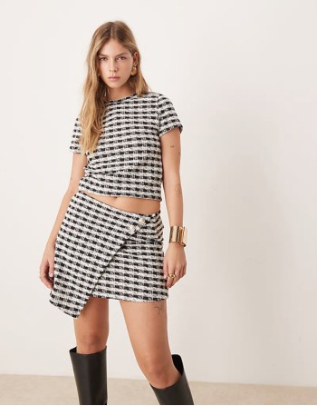 boucle wrap skirt & top co-ord in black check